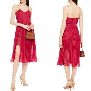 Self-Portrait Pleated Lace and Chiffon Midi Dress Fuchsia Red size 6